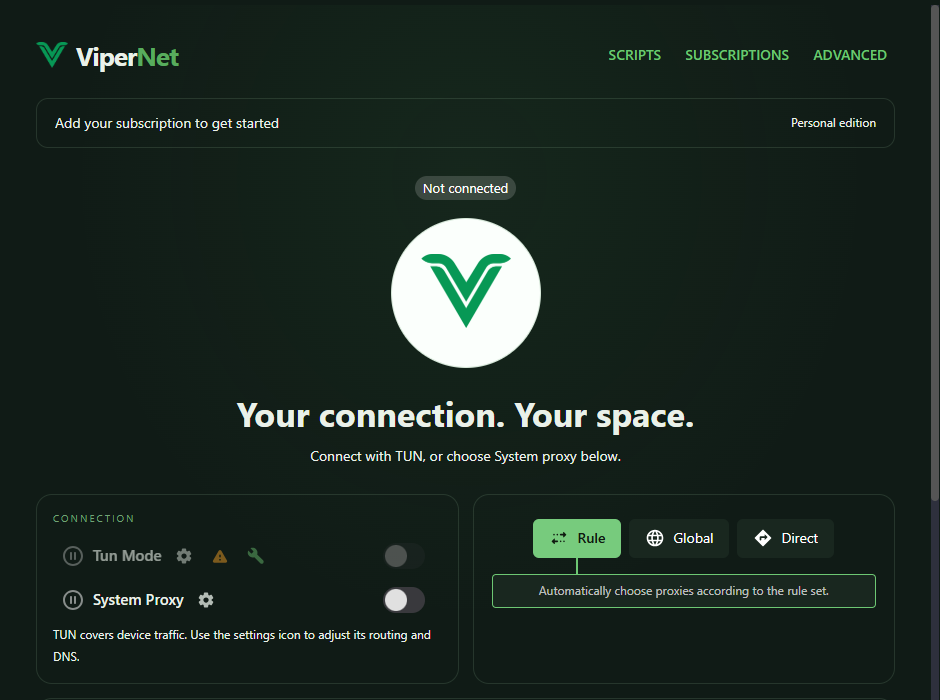 ViperNet Windows home screen with connection, routing and proxy controls